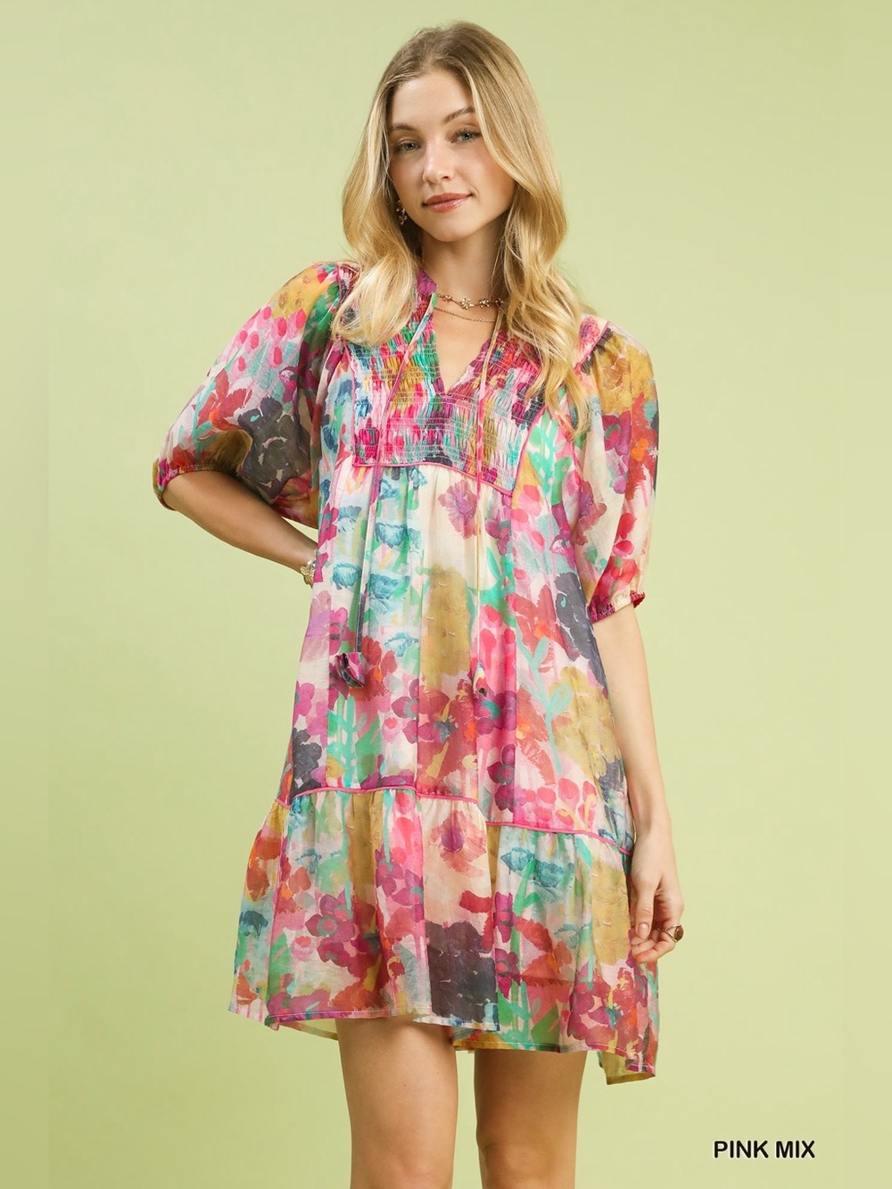 💗 Umgee Mix Watercolor Floral Babydoll Dress - Pink